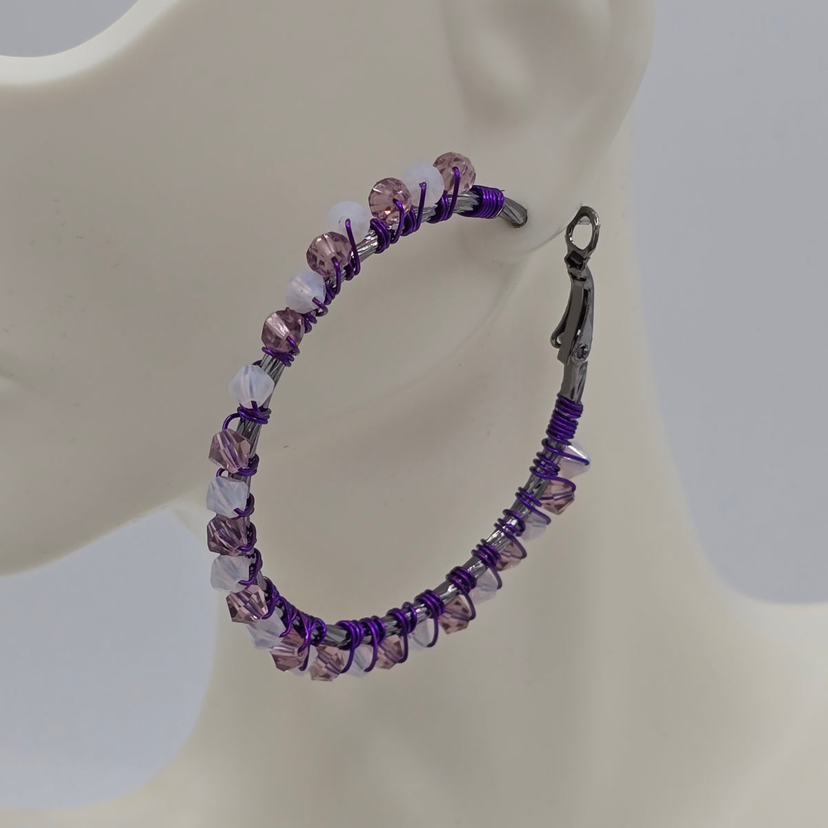 Swarovski Crystals - Purple &amp; Translucent White Hoops Earrings