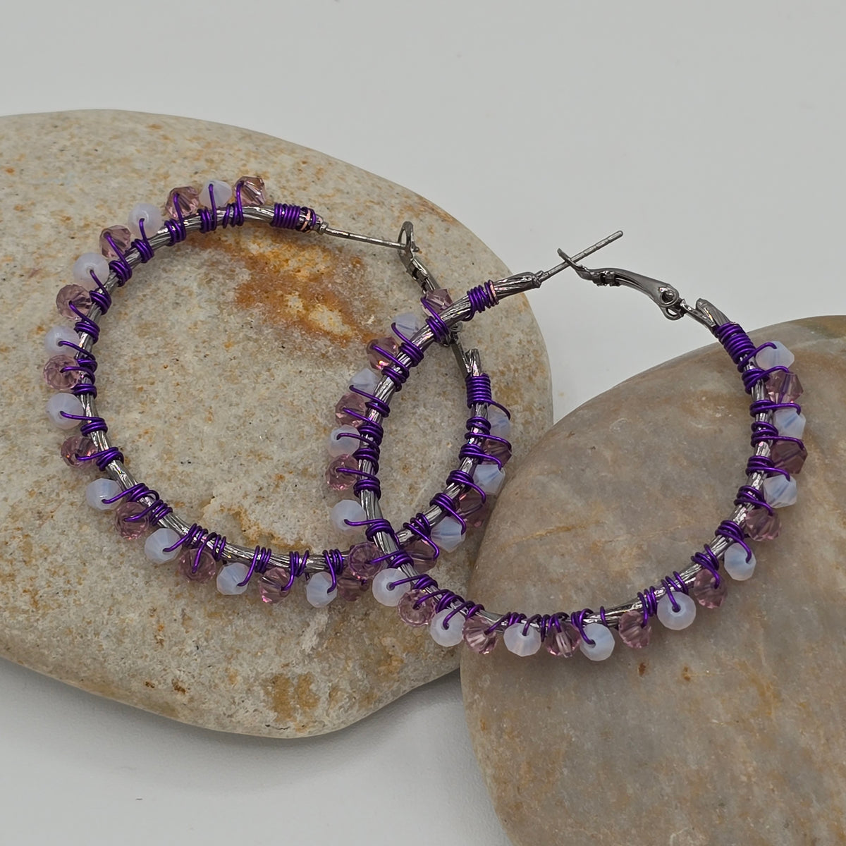 Swarovski Crystals - Purple &amp; Translucent White Hoops Earrings