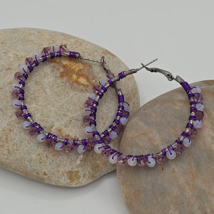 Swarovski Crystals - Purple & Translucent White Hoops Earrings