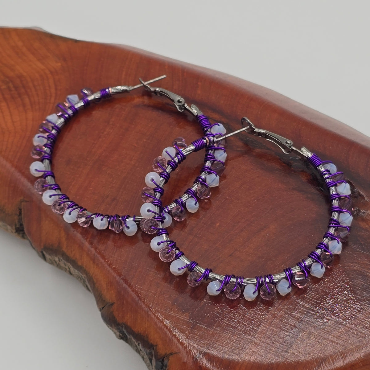 Swarovski Crystals - Purple &amp; Translucent White Hoops Earrings