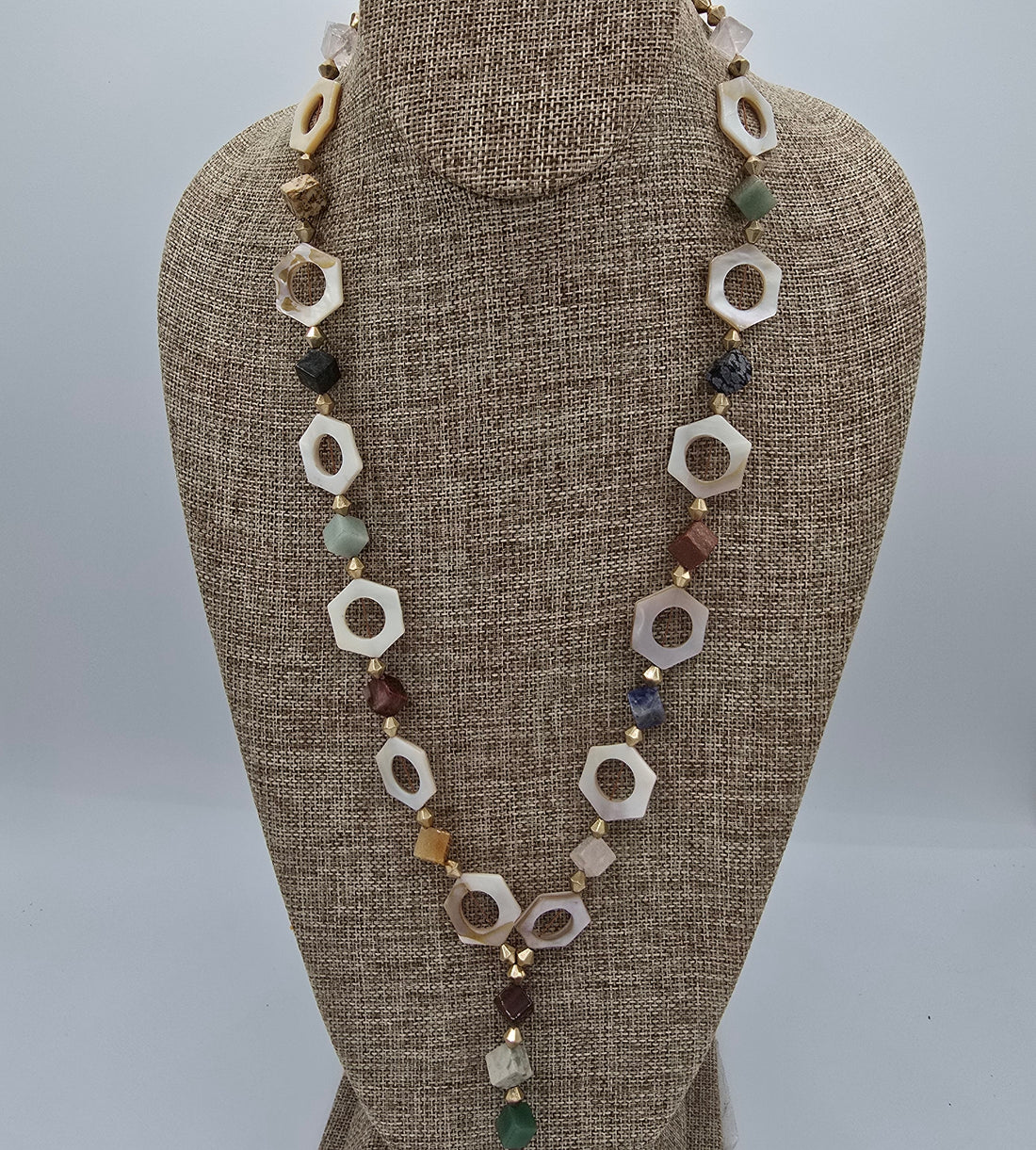 Mother of Pearl Hexagons "Y" Necklace With Assorted Gemstones