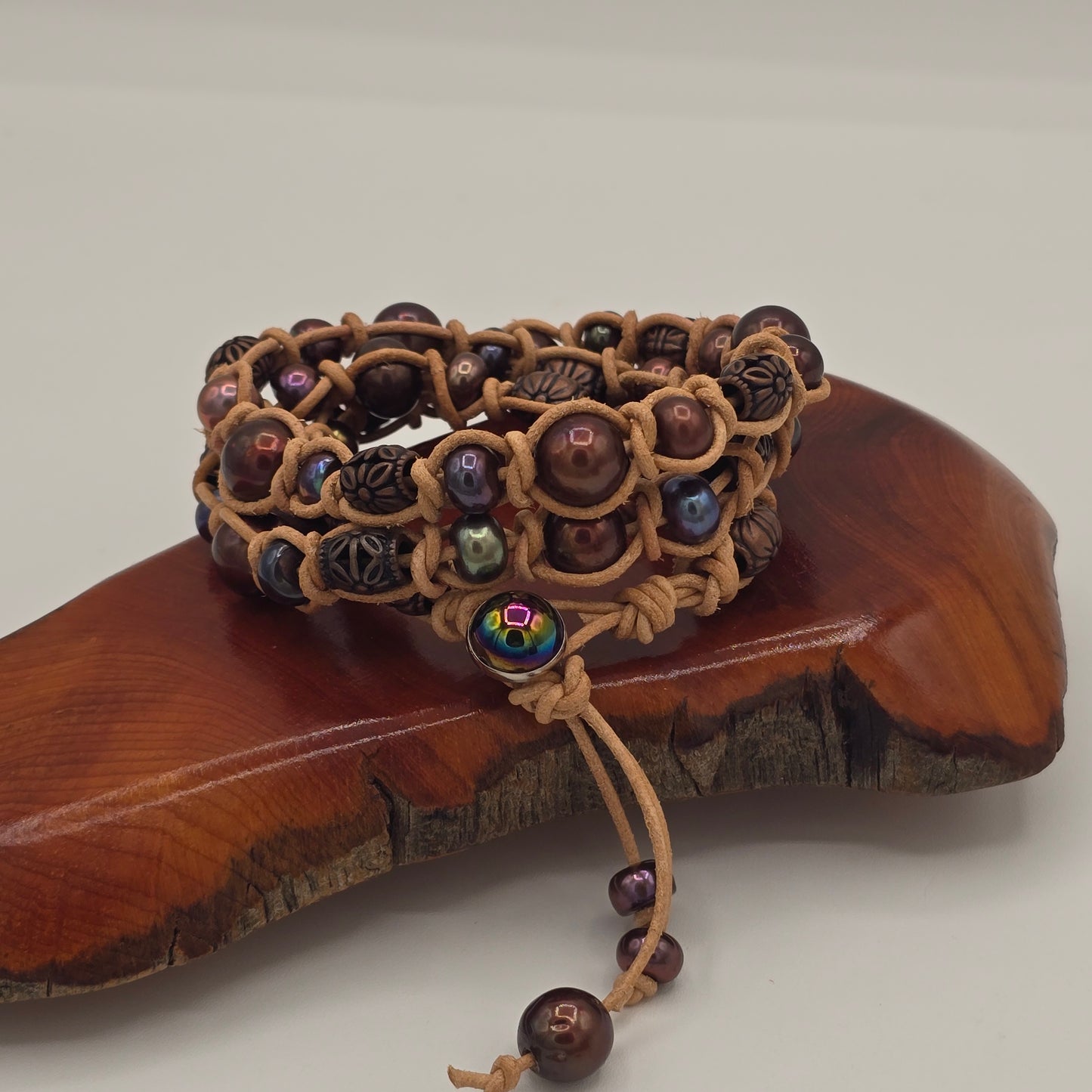 Triple Wrap Snake Knot on Natural Tan Leather Pearls & Metal