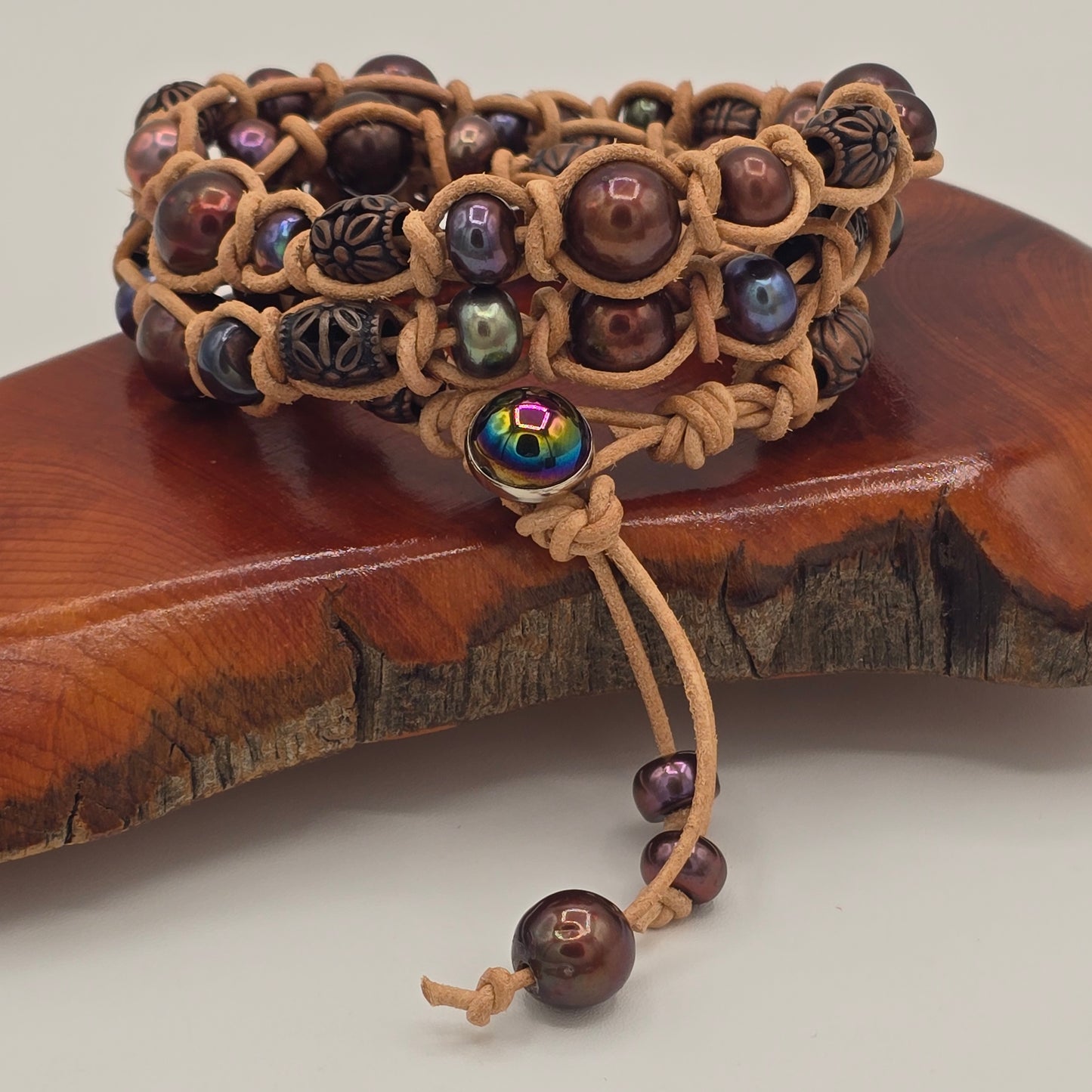Triple Wrap Snake Knot on Natural Tan Leather Pearls & Metal