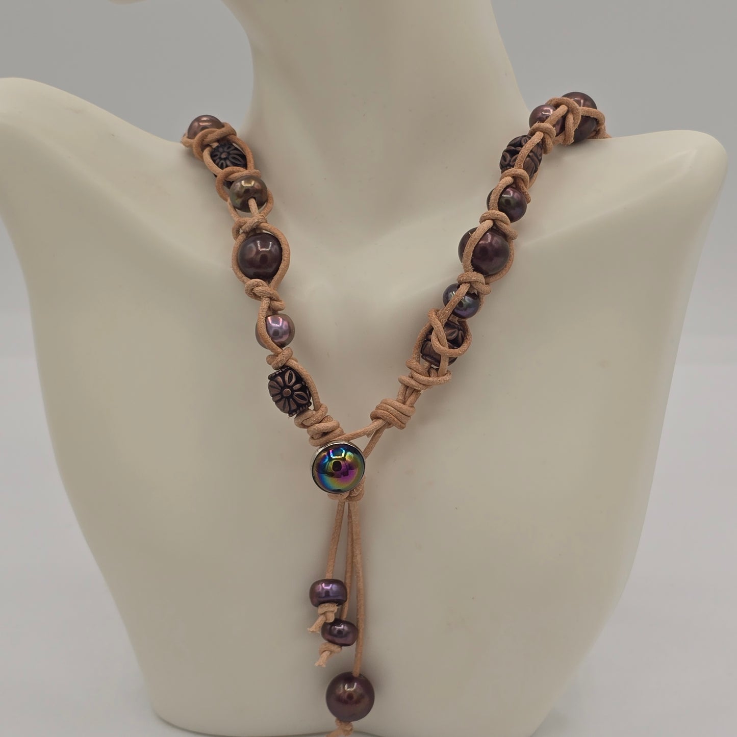 Triple Wrap Snake Knot on Natural Tan Leather Pearls & Metal