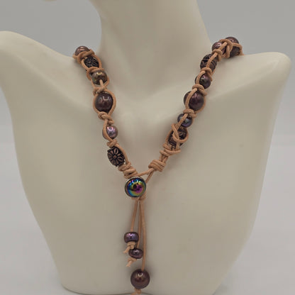 Triple Wrap Snake Knot on Natural Tan Leather Pearls & Metal