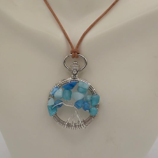 Blue Quartzite Tree of Life Pendant on Adjustable Natural Tan Leather