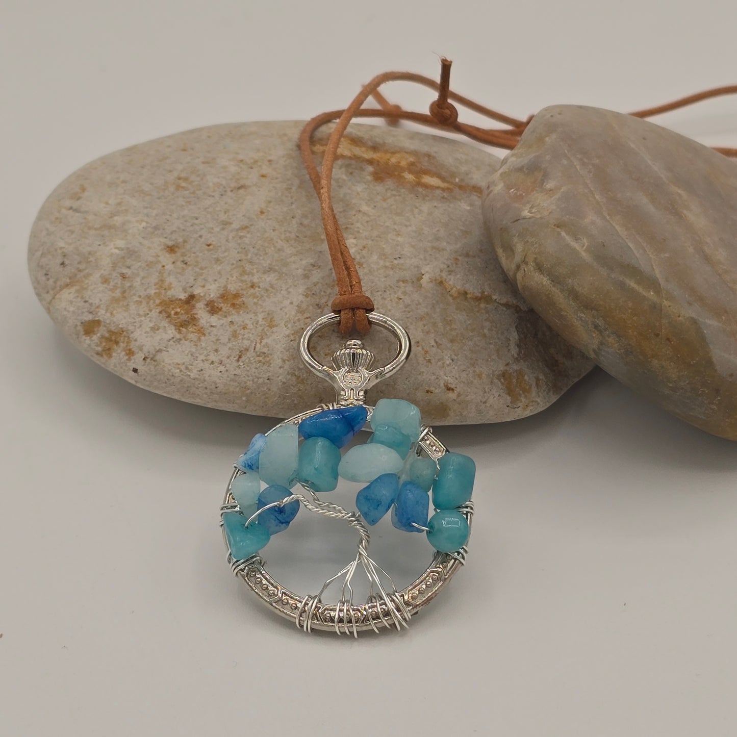 Blue Quartzite Tree of Life Pendant on Adjustable Natural Tan Leather