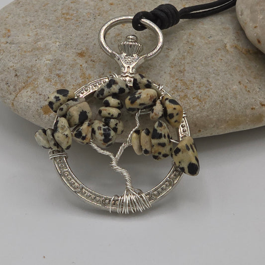 Dalmatian Jasper Tree of Life Pendant on Silver Tone Frame & Adjustable Black Leather