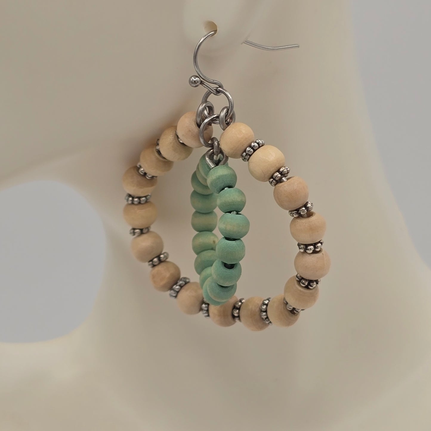 Cream & Blue Wood Boho Earrings on Stainless Steel Ear Wires