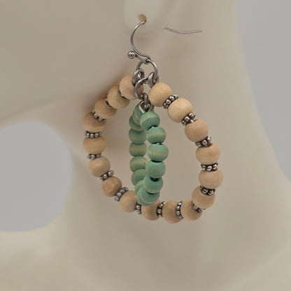 Cream & Blue Wood Boho Earrings on Stainless Steel Ear Wires