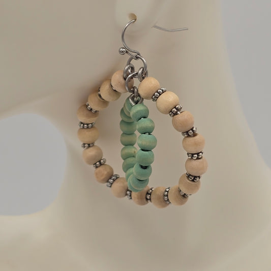 Cream & Blue Wood Boho Earrings on Stainless Steel Ear Wires