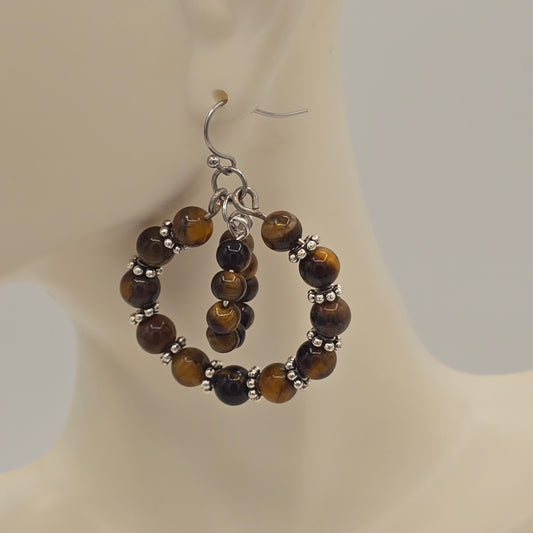 Tiger's Eye Double Ring Earrings on Stainless Steel Ear Wires