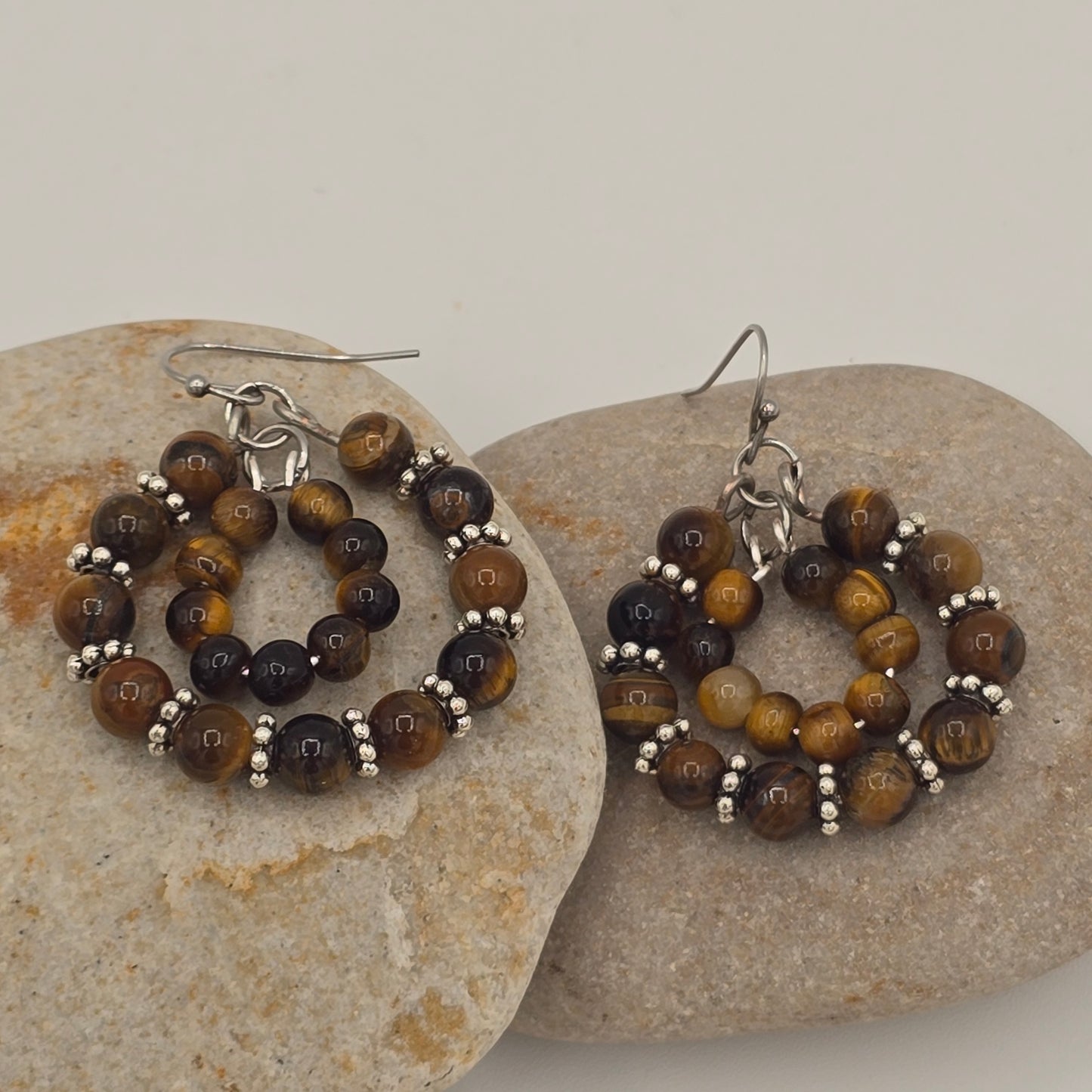 Tiger's Eye Double Ring Earrings on Stainless Steel Ear Wires