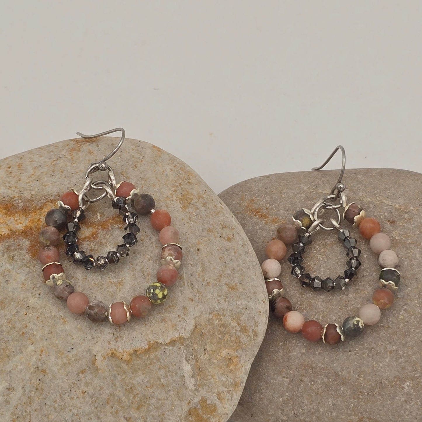 Chili Calcite & Swarovski Crystals Double Rings Earrings on Stainless Steel Ear Wires