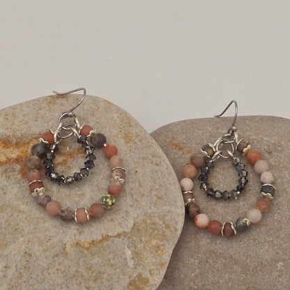 Chili Calcite & Swarovski Crystals Double Rings Earrings on Stainless Steel Ear Wires