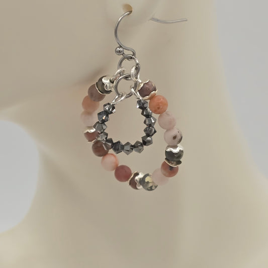 Chili Calcite & Swarovski Crystals Double Rings Earrings on Stainless Steel Ear Wires