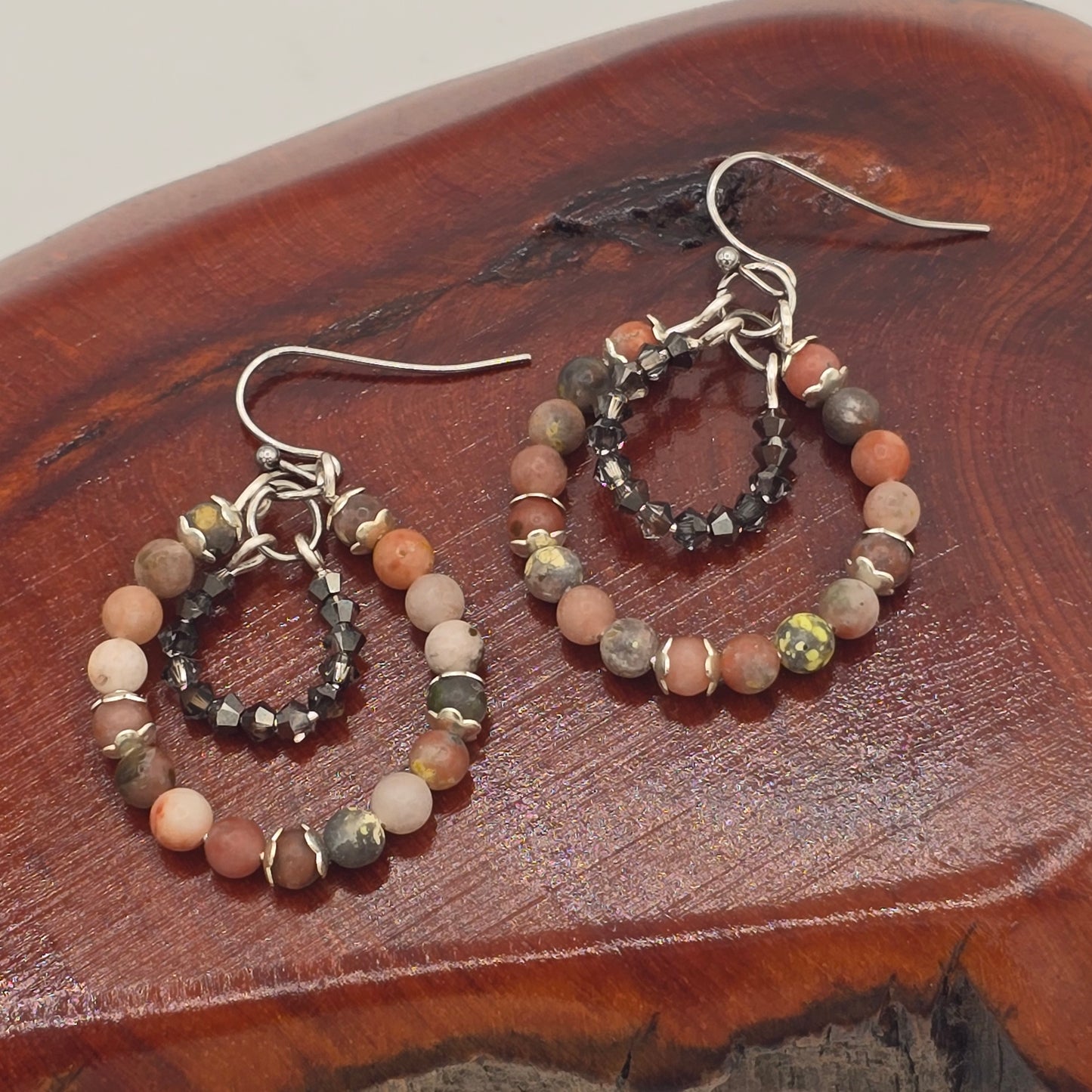Chili Calcite & Swarovski Crystals Double Rings Earrings on Stainless Steel Ear Wires