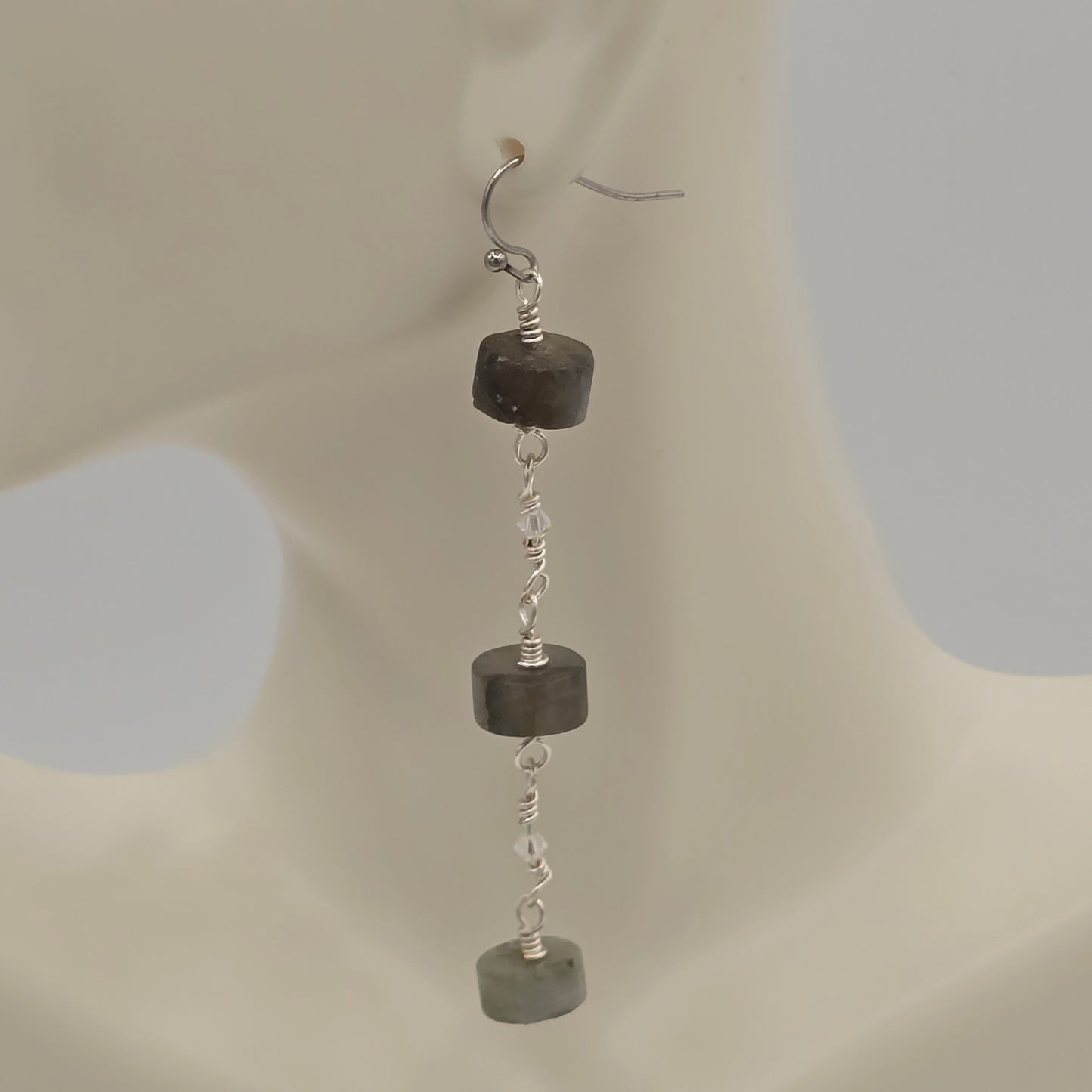 Matte Labradorite Wheels & Swarovski Crystals on Stainless Steel Ear Wires (long)