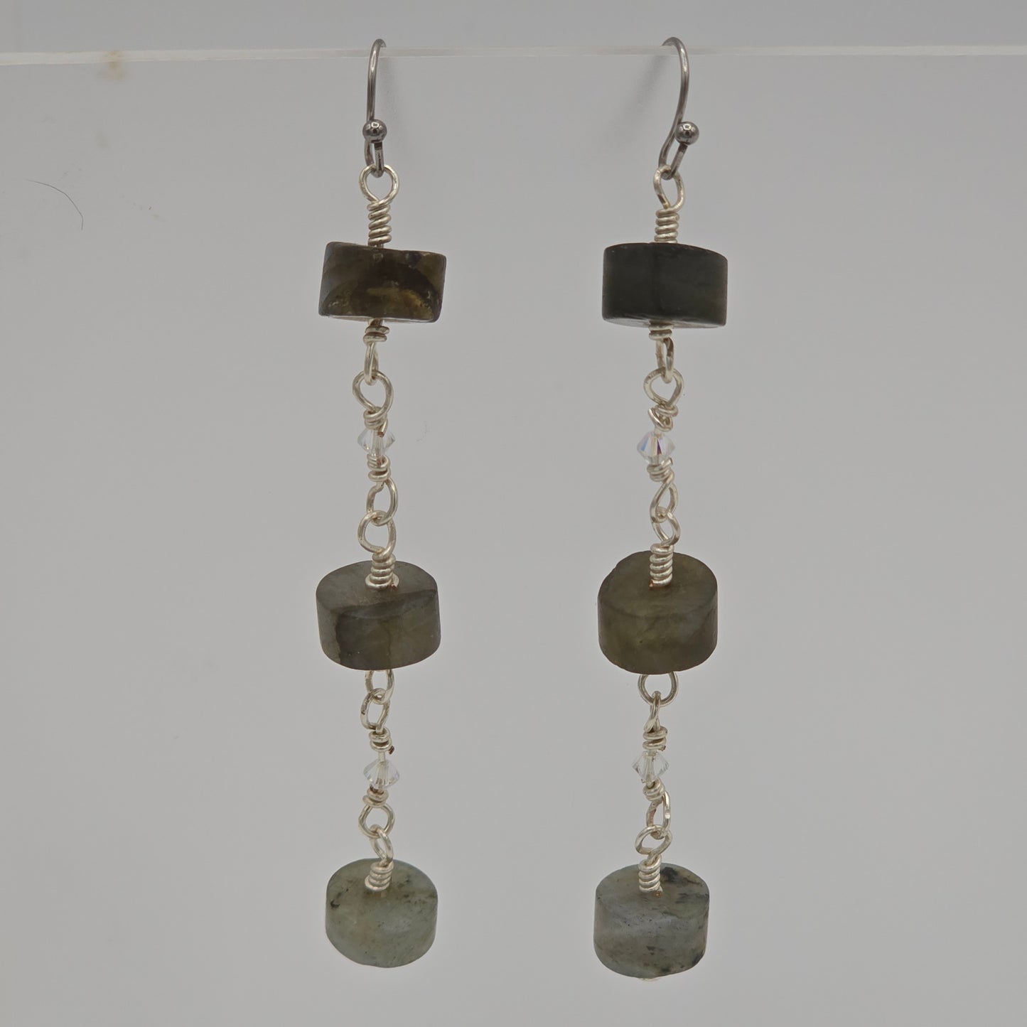 Matte Labradorite Wheels & Swarovski Crystals on Stainless Steel Ear Wires (long)