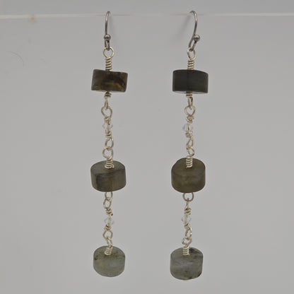 Matte Labradorite Wheels & Swarovski Crystals on Stainless Steel Ear Wires (long)