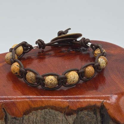 Picture Jasper & Dark Brown Leather Macrame With Nautical Button
