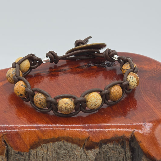 Picture Jasper & Dark Brown Leather Macrame With Nautical Button