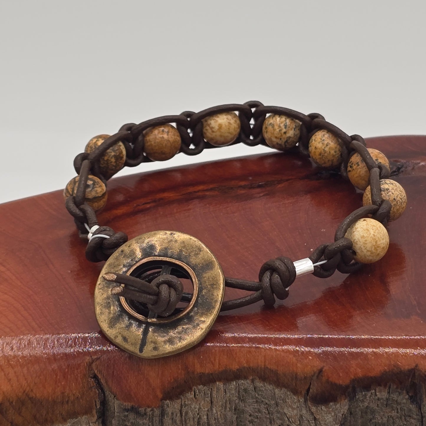 Picture Jasper & Dark Brown Leather Macrame With Nautical Button