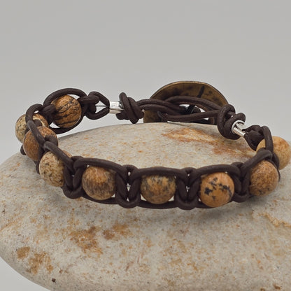 Picture Jasper & Dark Brown Leather Macrame With Nautical Button