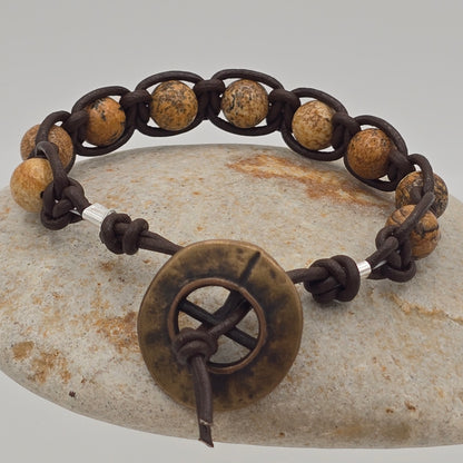 Picture Jasper & Dark Brown Leather Macrame With Nautical Button