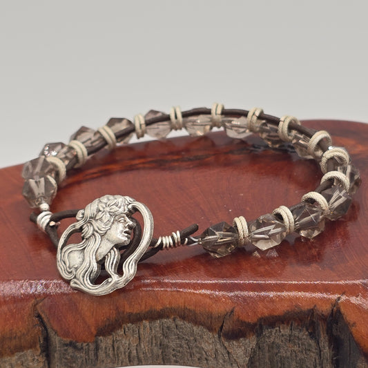 Smoky Quartz on Dark Brown Leather and Silver Tone Goddess Button