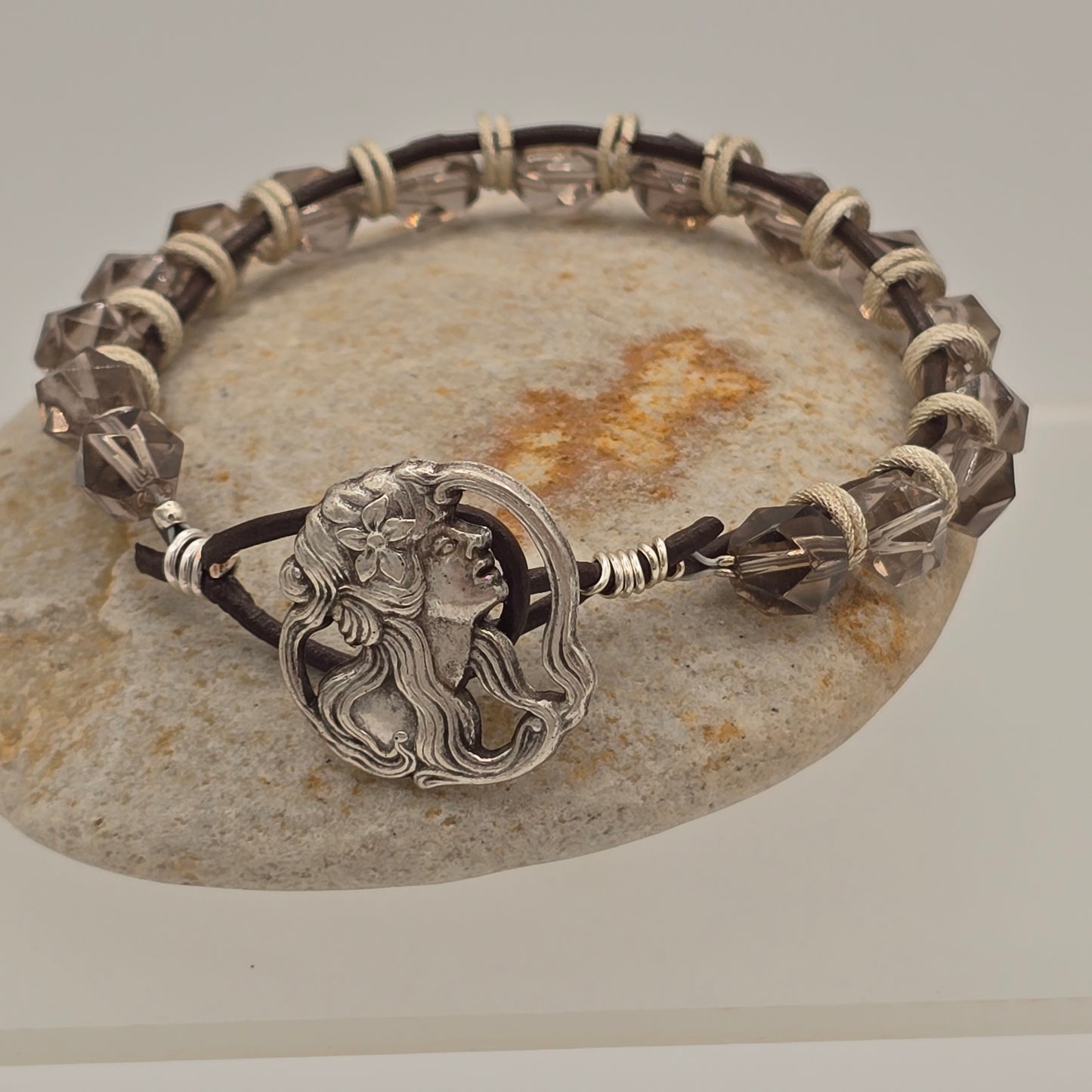 Smoky Quartz on Dark Brown Leather and Silver Tone Goddess Button
