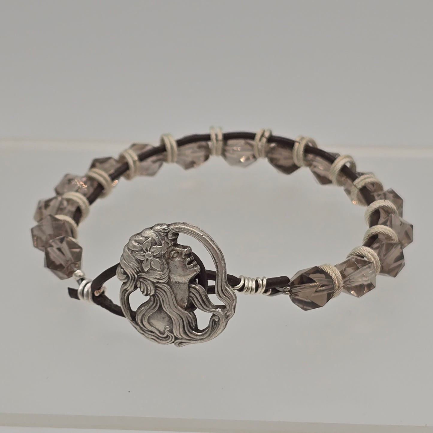 Smoky Quartz on Dark Brown Leather and Silver Tone Goddess Button