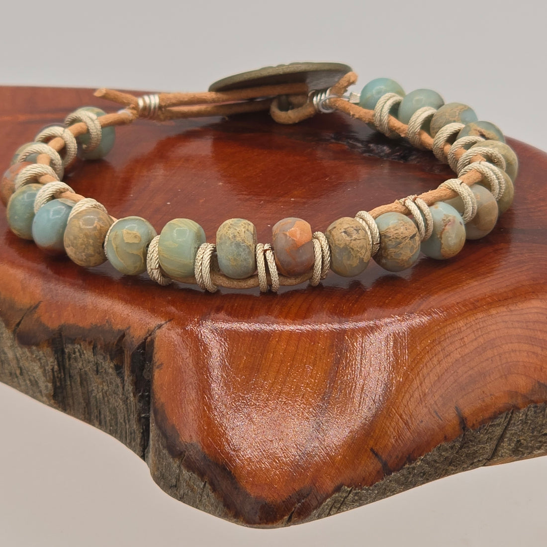African Opal Jasper on Natural Tan Leather Bracelet &amp; Blue Patina Button