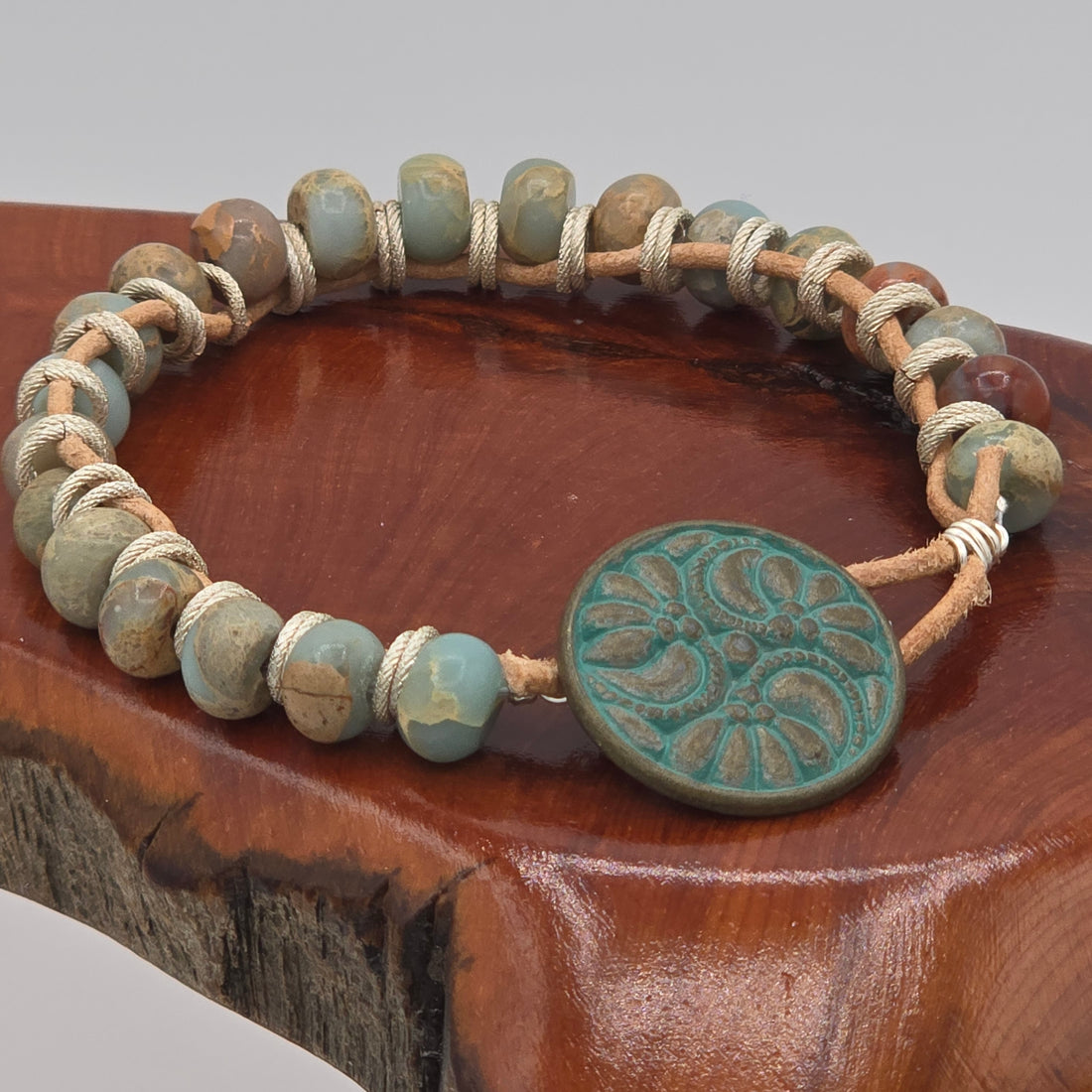 African Opal Jasper on Natural Tan Leather Bracelet &amp; Blue Patina Button