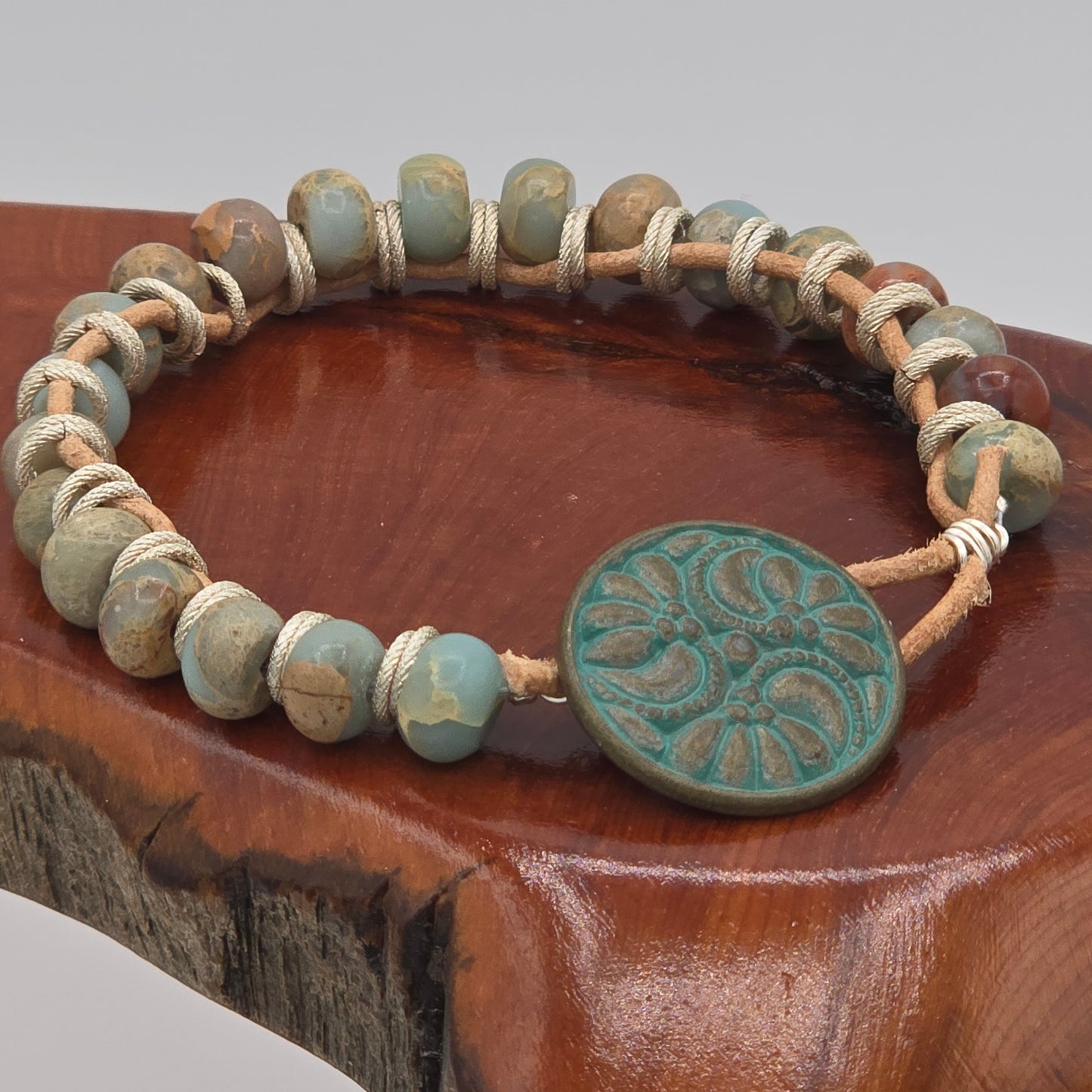 African Opal Jasper on Natural Tan Leather Bracelet & Blue Patina Button