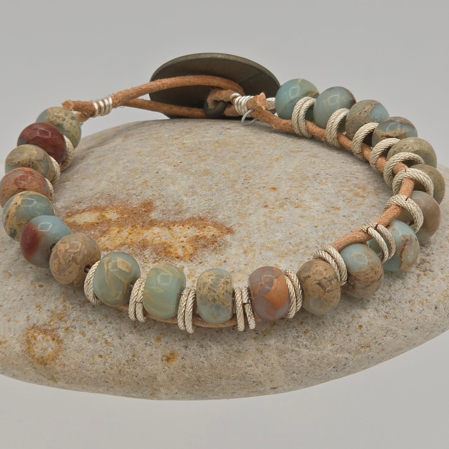 African Opal Jasper on Natural Tan Leather Bracelet & Blue Patina Button