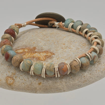 African Opal Jasper on Natural Tan Leather Bracelet & Blue Patina Button