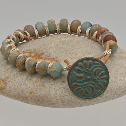 African Opal Jasper on Natural Tan Leather Bracelet & Blue Patina Button