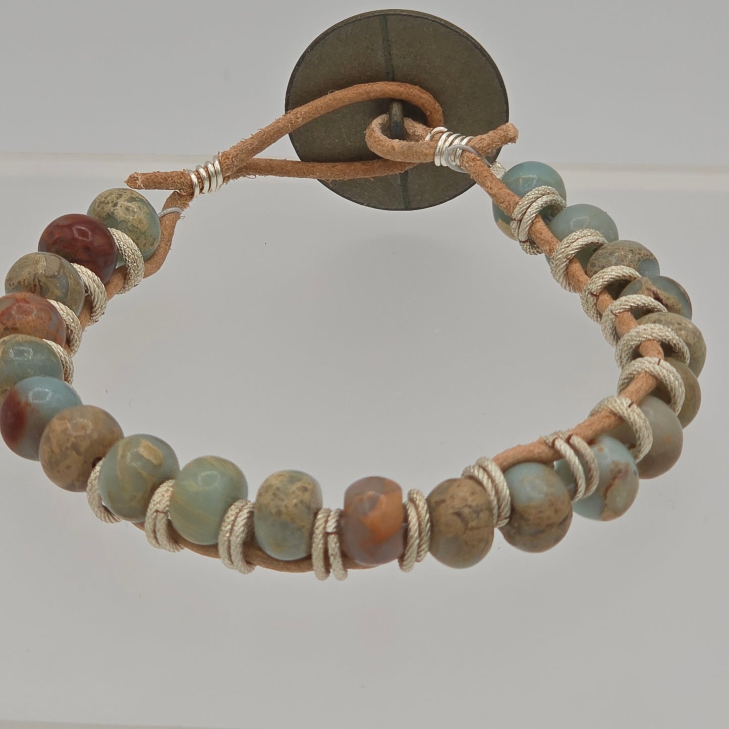 African Opal Jasper on Natural Tan Leather Bracelet & Blue Patina Button