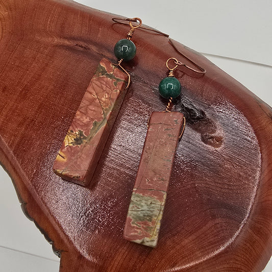 Red Creek Jasper Sticks & Green Quartz on Antique Copper Ear Wires