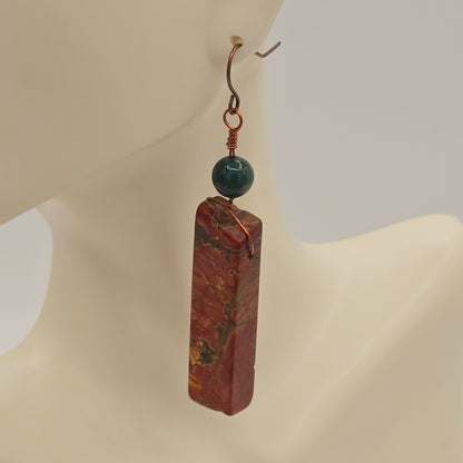 Red Creek Jasper Sticks & Green Quartz on Antique Copper Ear Wires