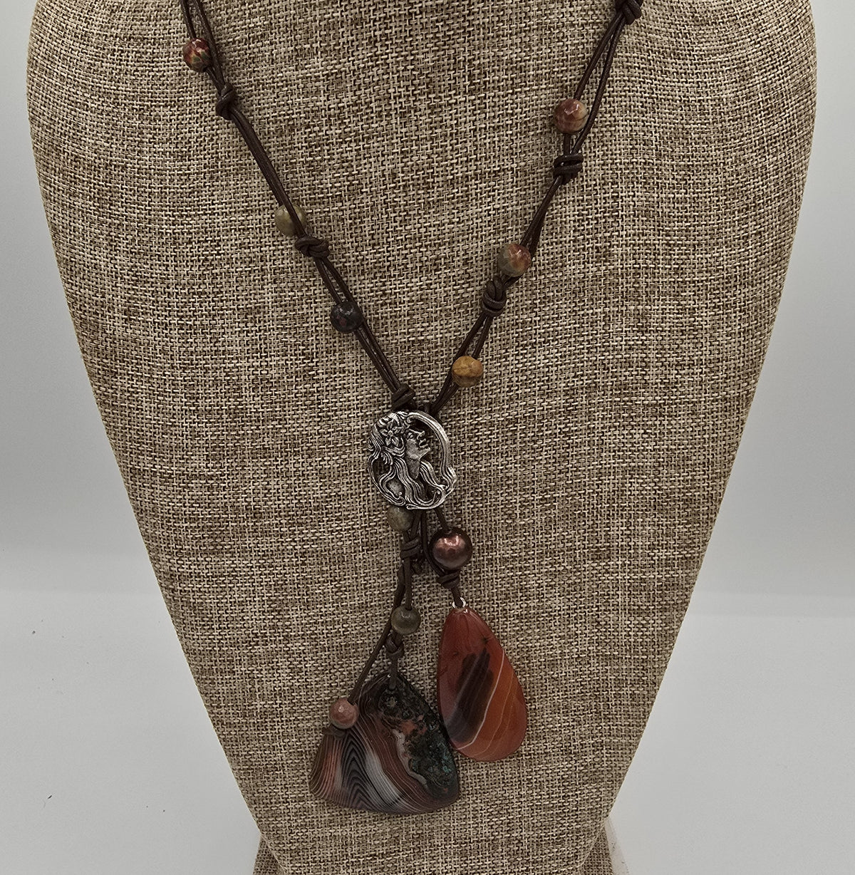 Dual Focal Stones of Banded Agate, Leather &amp; Jasper Adjustable Length Necklace