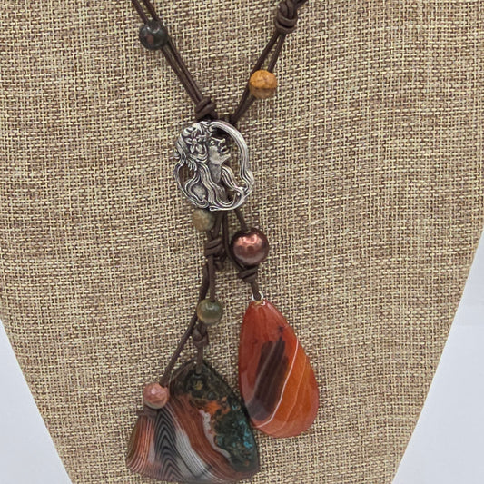 Dual Focal Stones of Banded Agate, Leather & Jasper Adjustable Length Necklace