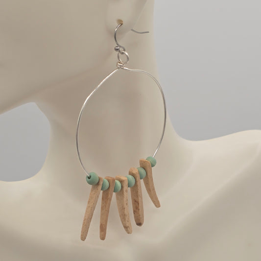 Large Wire Hoop Earrings With Cream Spikes & Blue Rounds on Stainless Ear Wires