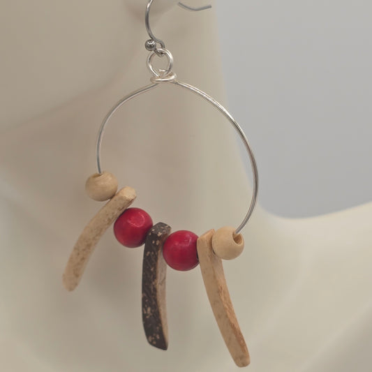 Medium Wire Wire Hoops With Cream Spikes & Red/Cream Rounds on Stainless Steel Ear Wires