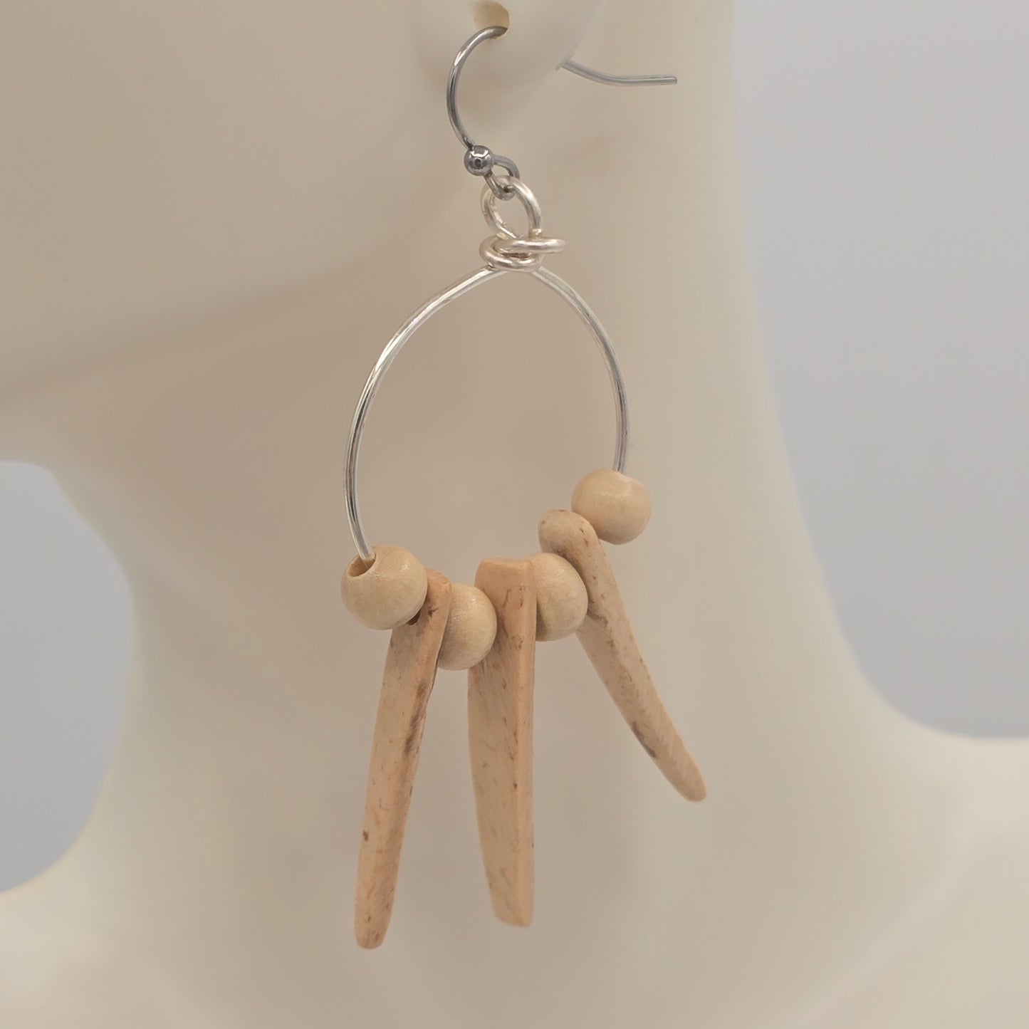 Small Wire Hoop Earrings With Cream Wood Spikes & Beads on Stainless Steel Ear Wires