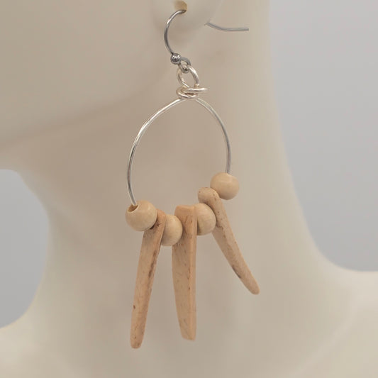 Small Wire Hoop Earrings With Cream Wood Spikes &Beads on Stainless Steel Ear Wires