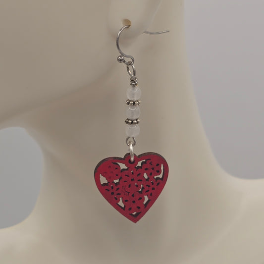 Red Laser Cut Wood Heart and White Quartzite on Stainless Steel Ear Wires