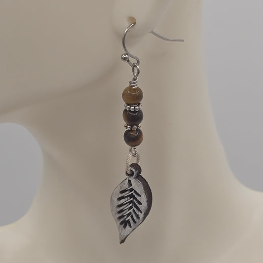 Laser Cut Wood Leaves Painted White Marble With Tiger's Eye on Stainless Steel Ear Wires