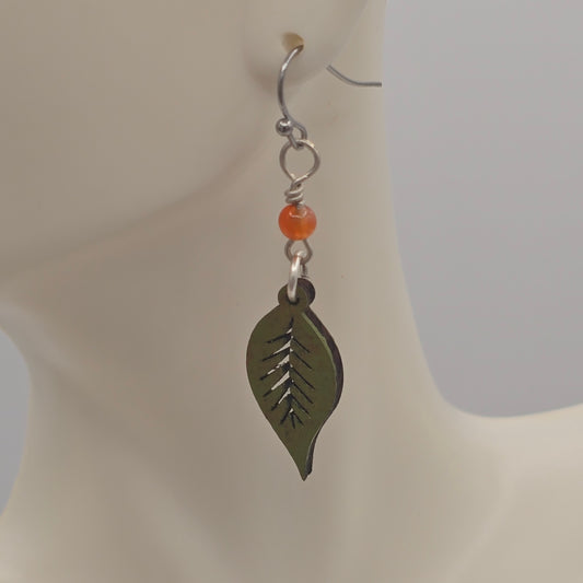 Olive Green Laser Cut Wood Earrings With Orange Quartzite on Stainless Steel Ear Wires